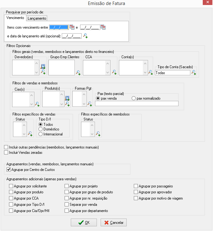 Tela com filtros para faturamento