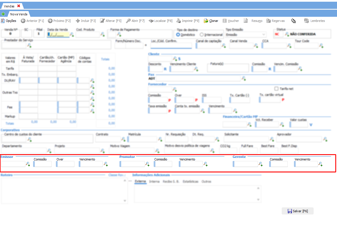 Campos de emissor, promotor e gerente