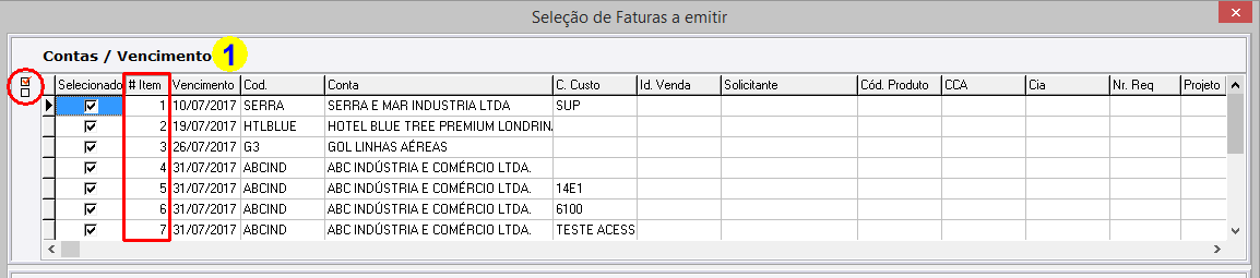 Aba [ Contas/Vct ] do módulo de seleção de faturas a emitir