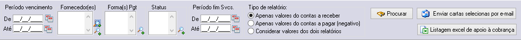 Opções de pesquisa das pendencias de recebimento de comissão e taxa DU.