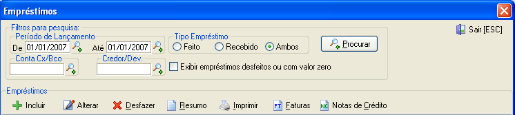 Tela principal para controle de empréstimos