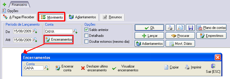 Tela de encerramento de contas de Ativo Circulante