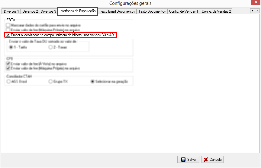 Configuração para enviar o número do localizador das vendas GOL e AZUL no campo número bilhete no arquivo
