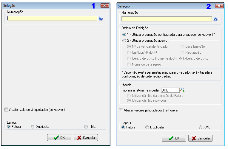 1 - Tela de seleção de faturas exibida quando é escolhido salvar apenas boletos. 2 - Tela de seleção de faturas exibida quando é escolhido salvar boleto e fatura