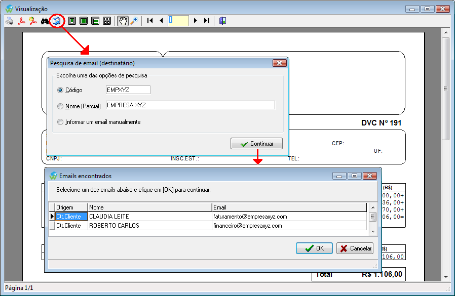 Exibição do e-mail dos contatos como sugestão de envio dos documentos DVC e Recibo quando o e-mail principal do cadastro do cliente não está preenchido