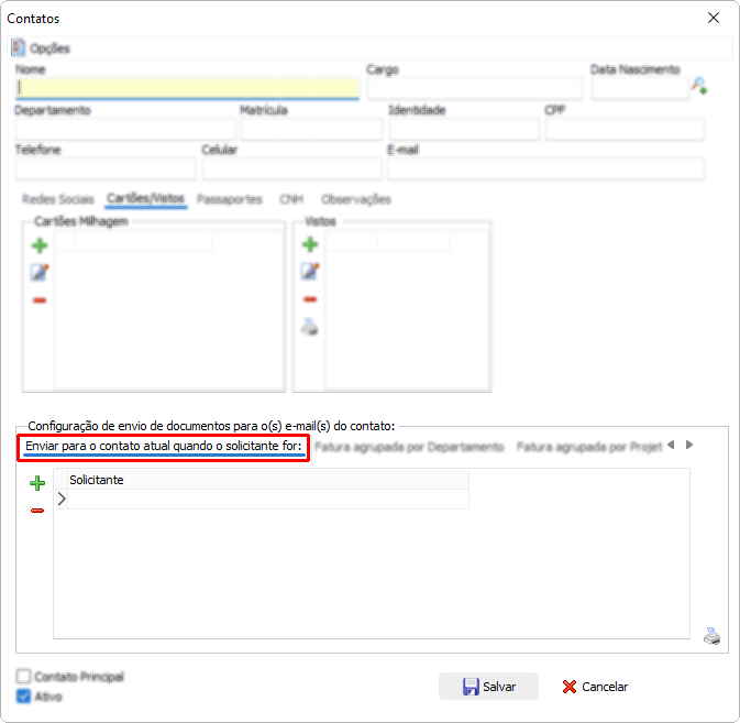Configuração de envio Documento quando o solicitante for