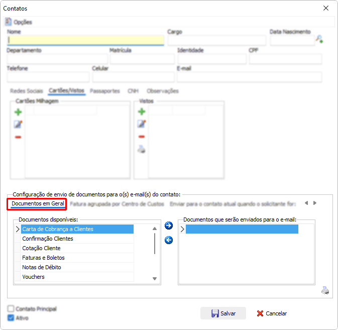 Configuração de envio de documento geral