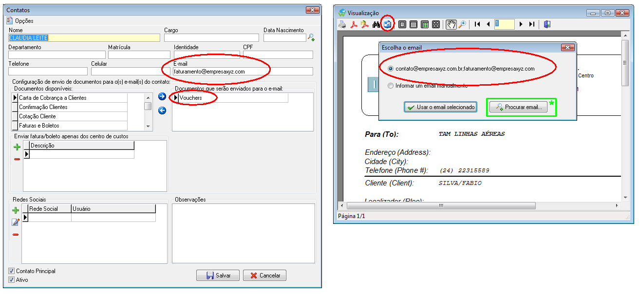 Exemplo do e-mail do contato configurado para ser sugerido na tela de escolha de e-mail do documento voucher