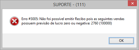 Alerta exibido ao salvar venda com prejuízo ou previsão de lucro igual a zero.