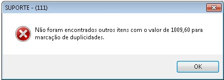 Erro de itens de duplicidade não encontrado
