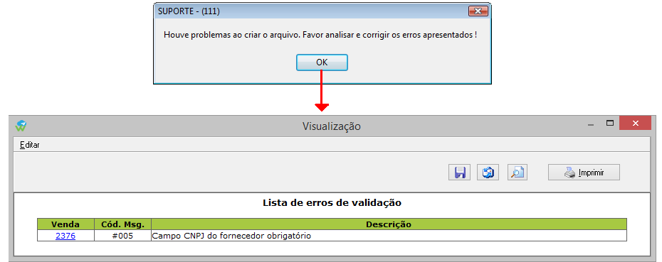 Mensagem de problemas encontrados na emissão do CTAH.