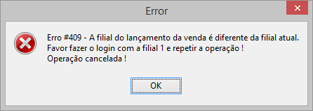 Mensagem de erro ao cadastrar reembolso para filial diferente da filial da venda