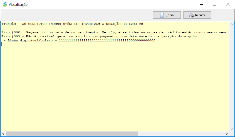 Tela de mensagem de erro durante a geração do arquivo de pagamento