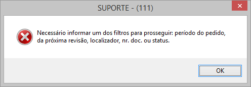 Mensagem de erro de filtros obrigatório na pesquisa de reembolso.
