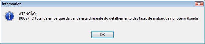 Mensagem de erro da taxa de embarque da venda