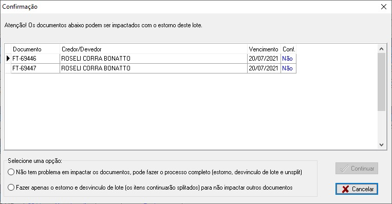 Mensagem de confirmação exibida ao estornar lote com liquidação avulsa presente em documento n conferido