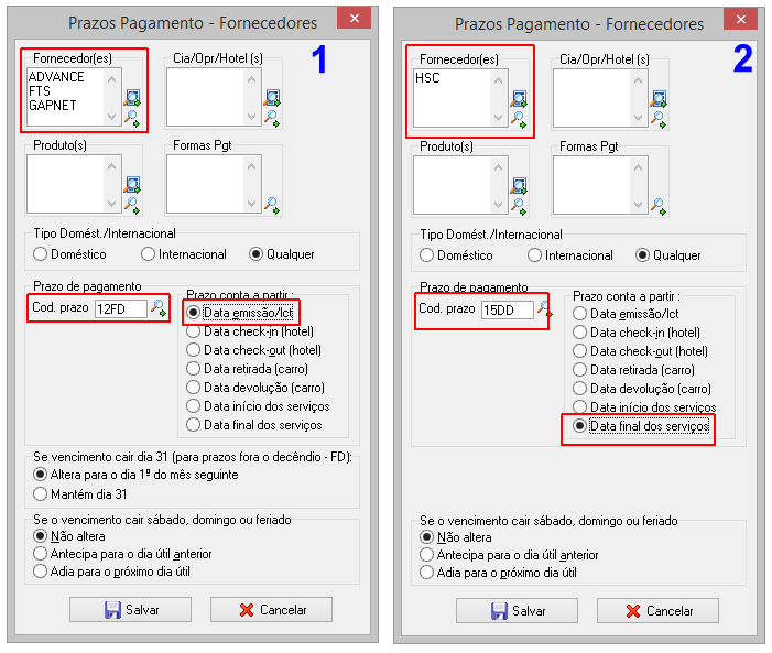 Exemplos de cadastros de prazos de pagamento de fornecedores
