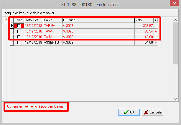 Itens parcelados destacados em vermelhona tela de exclusão