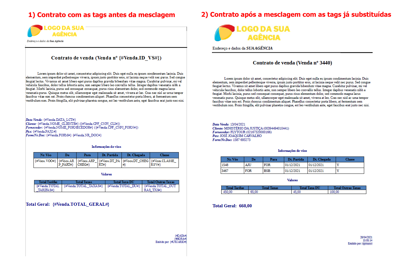 Exemplo de um modelo de contrato utilizando tags de Venda, antes da substituição (imagem 1) e após a substituição da (imagem 2)