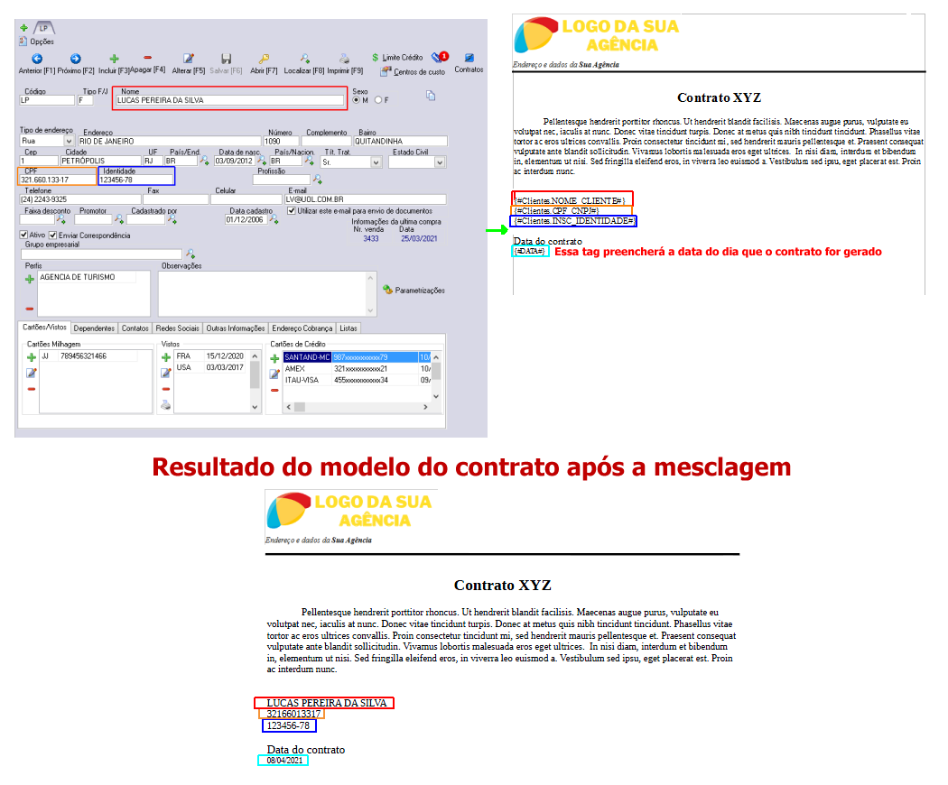 Exemplo de um modelo de contrato utilizando tags de cadastro de clientes