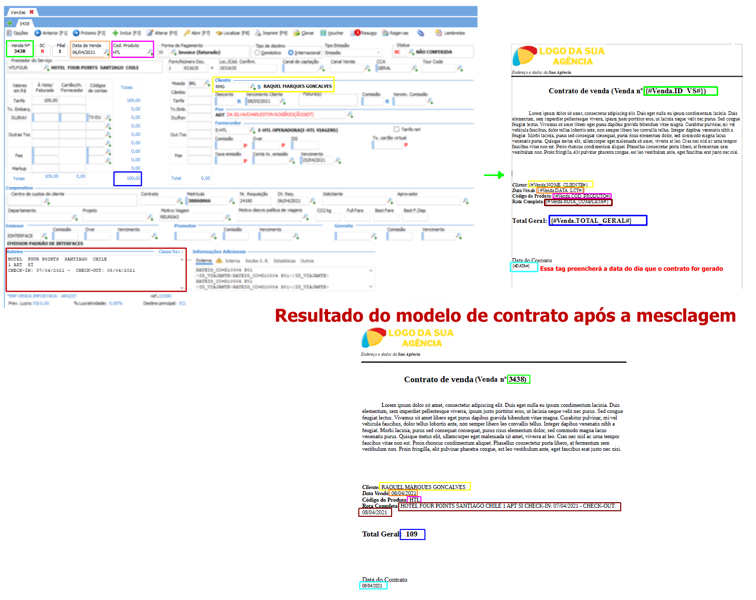 Exemplo de um modelo de contrato utilizando tags de cadastro de vendas