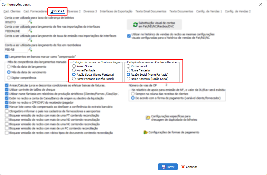 Configuração exibição dos nomes nas contas a pagar/receber