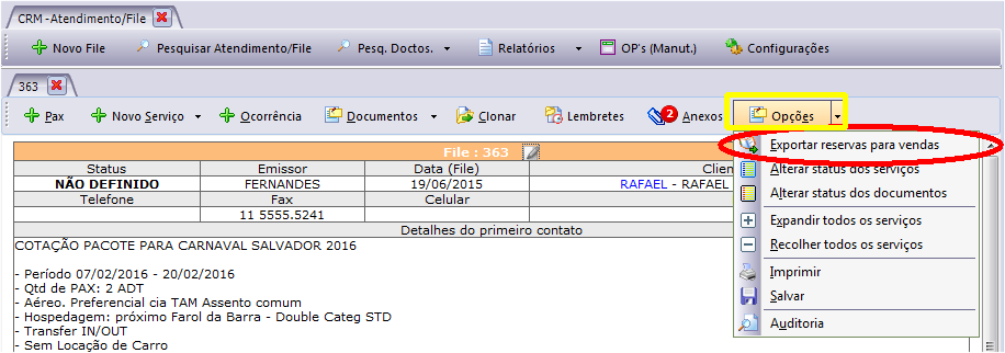 Exportação de vendas para o CRM