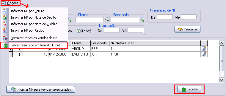 Exportar dados de nota fiscal X vendas para excel