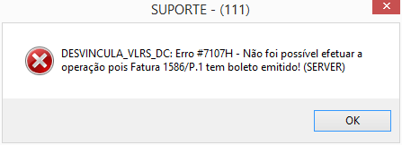 Mensagem de erro exibida ao desvincular valor de fatura com boleto