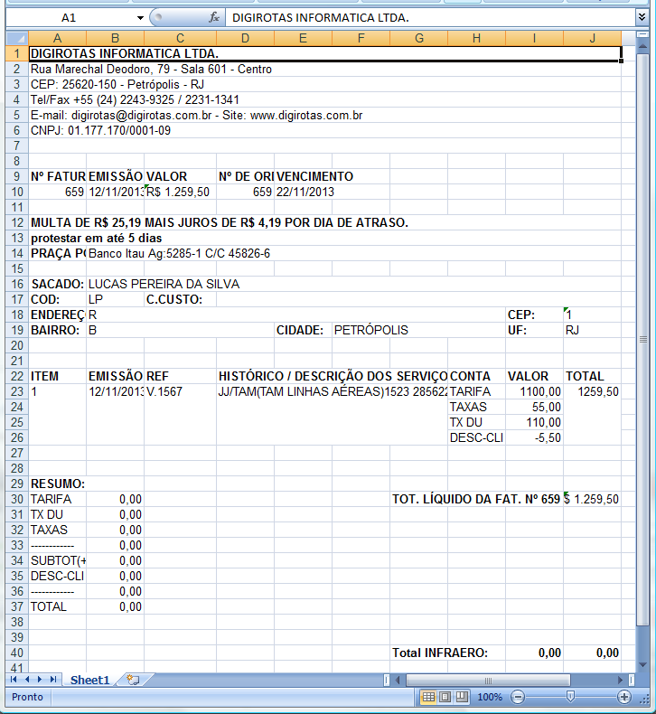 Layout de fatura exportado para excel