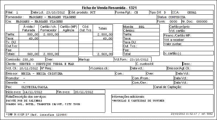 Ficha resumida da venda