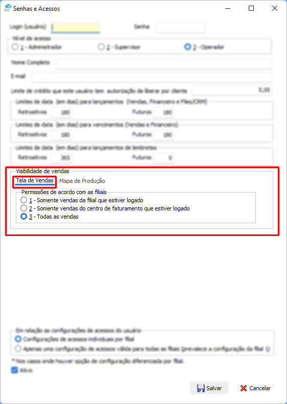 Opções de configuração de visibilidade de vendas de acordo com as filiais