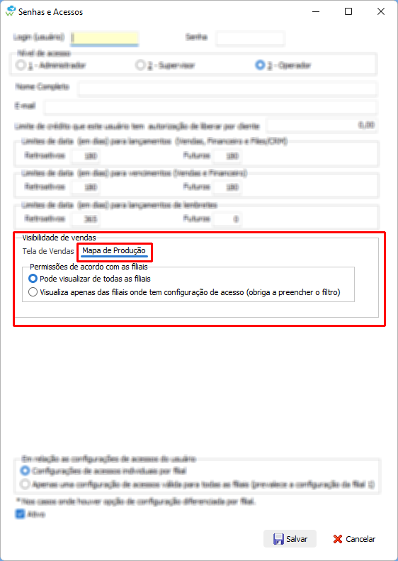 Opções de configuração de visibilidade de vendas através do relatório de Mapa de produção de acordo com as filiais