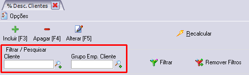 Filtros para pesquisa de descontos de cliente parametrizado