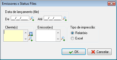 Filtros para a pesquisa do relatório Emissores X Status dos Files