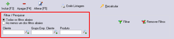 Filtros para pesquisa de Fee