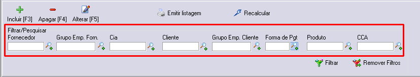Filtros para pesquisa das parametrizações de