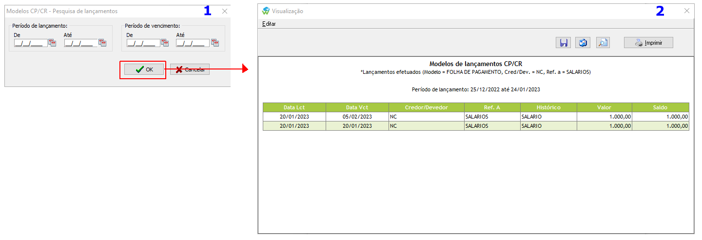 Filtros para pesquisa de lançamentos de itens do modelos e resultado