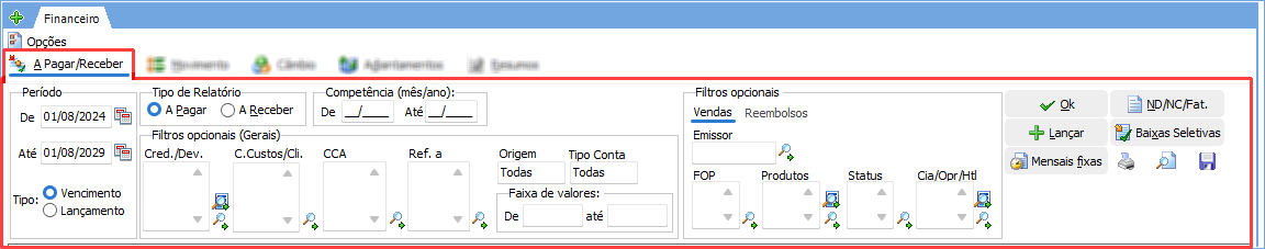 Tela exibindo o filtro de previsões a pagar