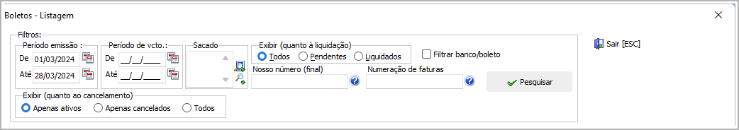Filtros disponíveis para exibir a listagem de boletos emitidos