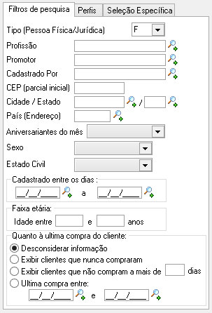 Filtros para pesquisa de clientes para mala direta