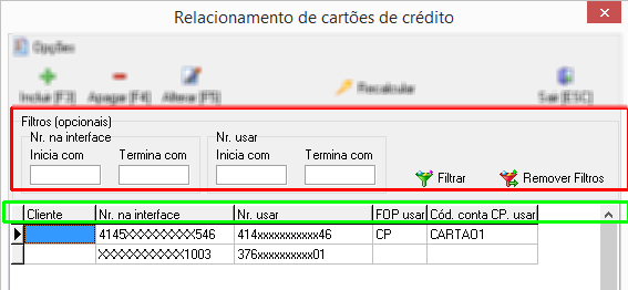 Filtro relacionamenot de cartões