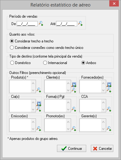 Tela de filtros para exibir o relatório estatístico de aéreo
