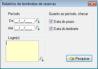 Filtros para exibir relatório de lembretes de reservas