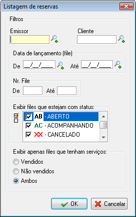 Os Filtros para exibir o relatório de reservas vendidas