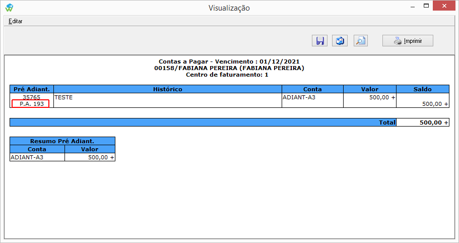 Imagem destacando o pré adiantamento em relatório resumido financeiro