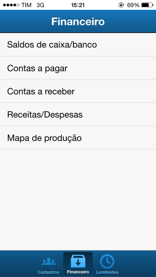 Opções disponível para consulta do financeiro