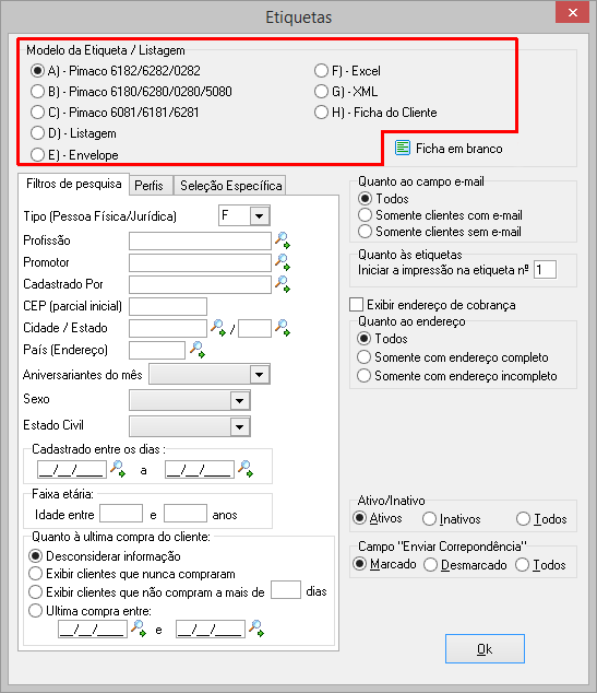 Modelos de etiqueta e listagem