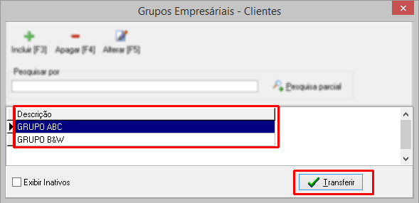 Tela de seleção do grupo empresarial que todos os clientes da lista farão parte