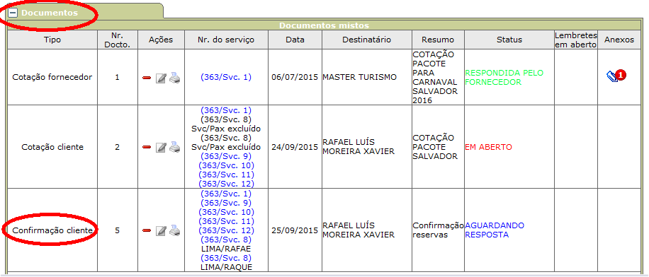 Confirmação da reserva do cliente cadastrada na guia documentos da Ficha de atendimentos.
